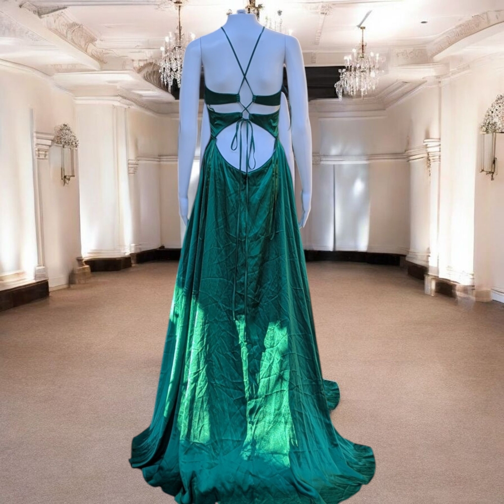 Y2K Vtg Blondie Nites by Stacy Sklar emerald green satin halter neck dress 11 - Picture 4 of 7